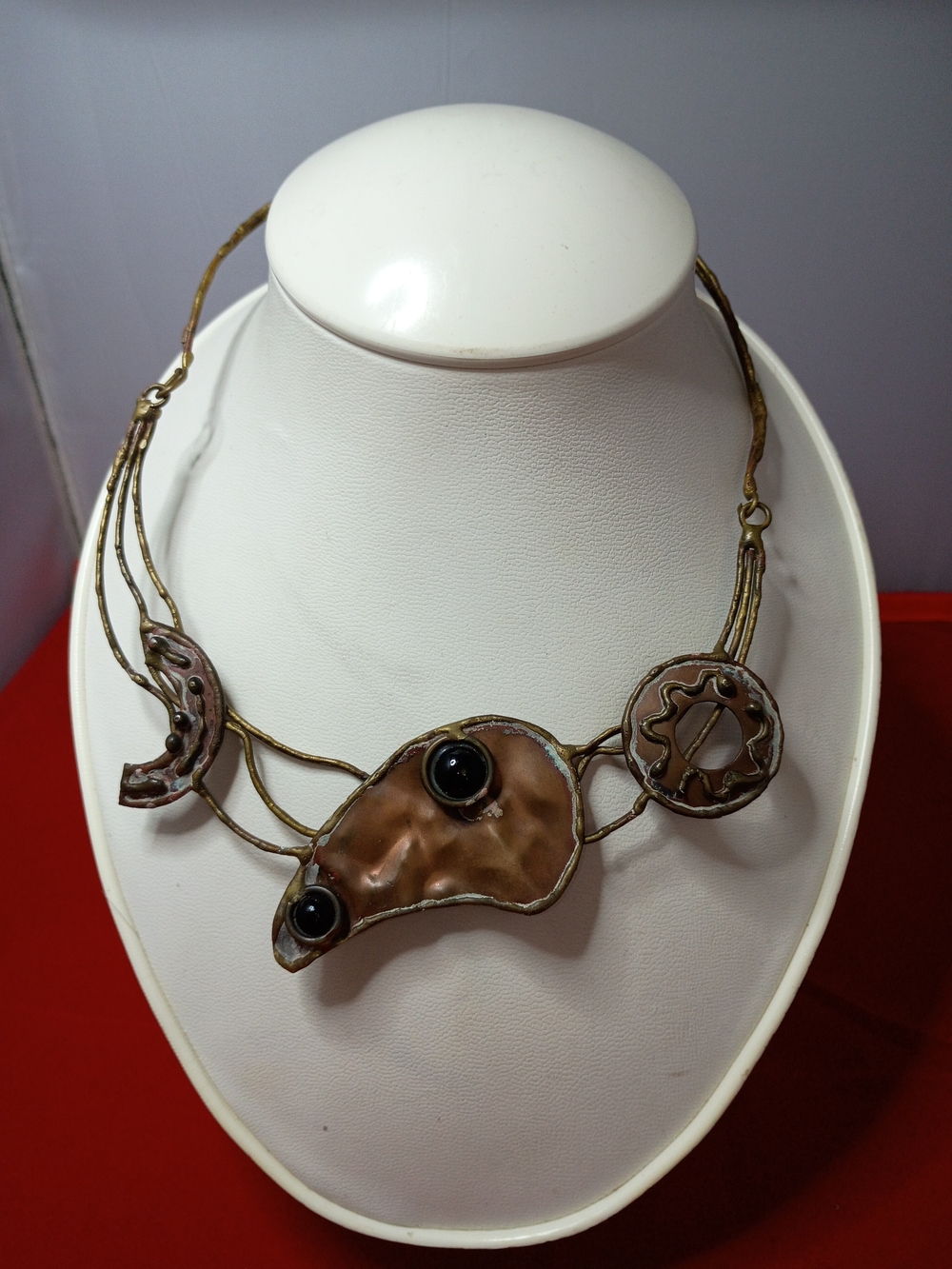 Abstract Artisan Bronze-Tone Necklace with Black Accents